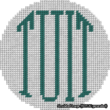 A simulated image of the stitched needlepoint design: Round TUIT Teal on White. Not A.I. generated.
