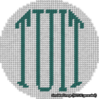 A simulated image of the stitched needlepoint design: Round TUIT Teal on White. Not A.I. generated.
