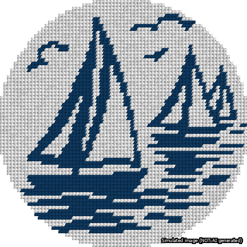 A simulated image of the stitched needlepoint design: Sailboats Delft Blue. Not A.I. generated.
