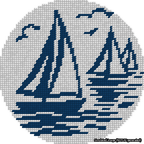 A simulated image of the stitched needlepoint design: Sailboats Delft Blue. Not A.I. generated.