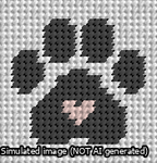 A simulated image of the stitched needlepoint design: Square Cat Paw Print Black On White with Pink Heart. Not A.I. generated.