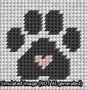A simulated image of the stitched needlepoint design: Square Cat Paw Print Black On White with Pink Heart. Not A.I. generated.