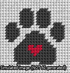 A simulated image of the stitched needlepoint design: Square Cat Paw Print Black On White with Red Heart. Not A.I. generated.