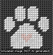 A simulated image of the stitched needlepoint design: Square Cat Paw Print White On Black with Pink Heart. Not A.I. generated.