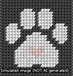 A simulated image of the stitched needlepoint design: Square Cat Paw Print White On Black with Pink Heart. Not A.I. generated.