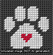 A simulated image of the stitched needlepoint design: Square Cat Paw Print White On Black with Red Heart. Not A.I. generated.