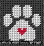 A simulated image of the stitched needlepoint design: Square Cat Paw Print White On Black with Red Heart. Not A.I. generated.