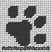 A simulated image of the stitched needlepoint design: Square Dog Paw Print Black on White. Not A.I. generated.