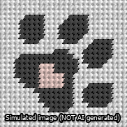 A simulated image of the stitched needlepoint design: Square Dog Paw Print Black on White with Pink Heart. Not A.I. generated.
