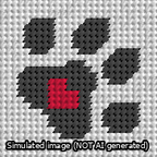 A simulated image of the stitched needlepoint design: Square Dog Paw Print Black on White with Red Heart. Not A.I. generated.