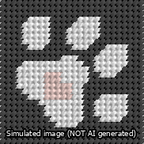 A simulated image of the stitched needlepoint design: Square Dog Paw Print White on Black with Pink Heart. Not A.I. generated.