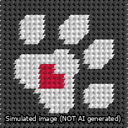 A simulated image of the stitched needlepoint design: Square Dog Paw Print White on Black with Red Heart. Not A.I. generated.