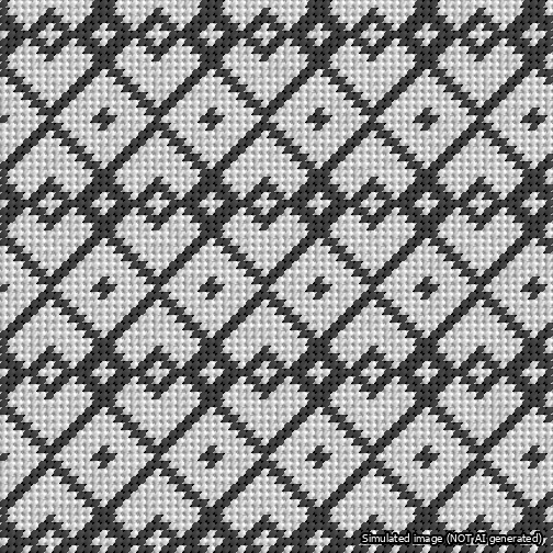 A simulated image of the stitched needlepoint design: Symmetrical Heart Grid Black on White. Not A.I. generated.