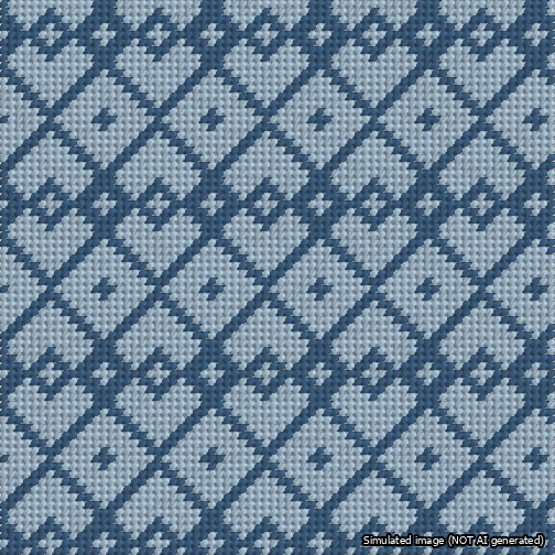 A simulated image of the stitched needlepoint design: Symmetrical Heart Grid Blue on Light Blue. Not A.I. generated.