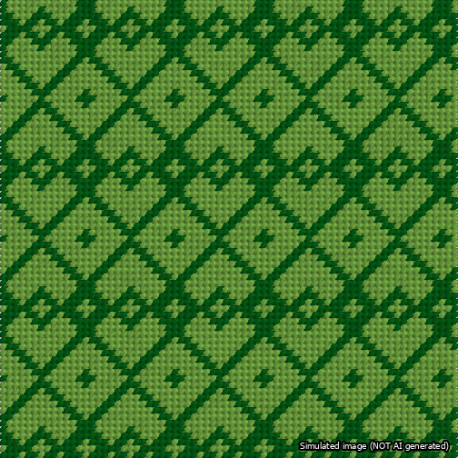 A simulated image of the stitched needlepoint design: Symmetrical Heart Grid Green on Light Green. Not A.I. generated.