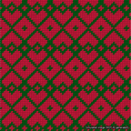 A simulated image of the stitched needlepoint design: Symmetrical Heart Grid Green on Red. Not A.I. generated.