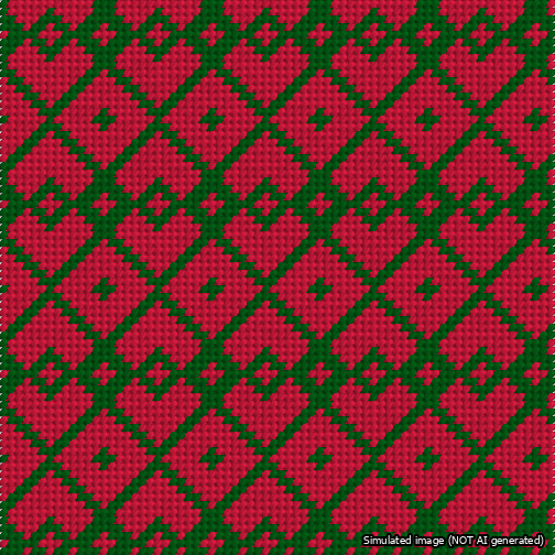 A simulated image of the stitched needlepoint design: Symmetrical Heart Grid Green on Red. Not A.I. generated.