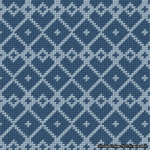 A simulated image of the stitched needlepoint design: Symmetrical Heart Grid Light Blue on Blue. Not A.I. generated.