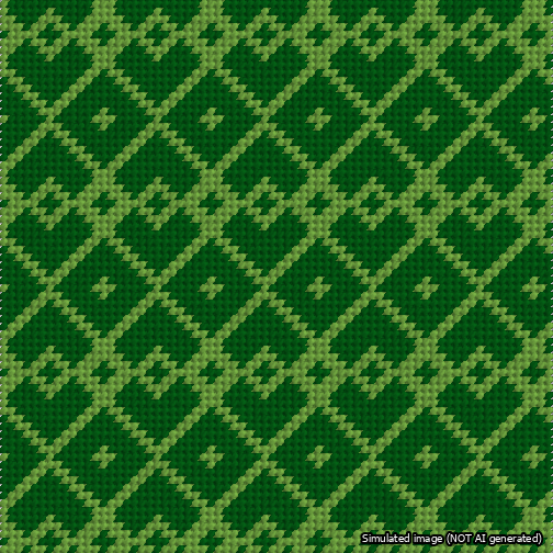 A simulated image of the stitched needlepoint design: Symmetrical Heart Grid Light Green on Green. Not A.I. generated.