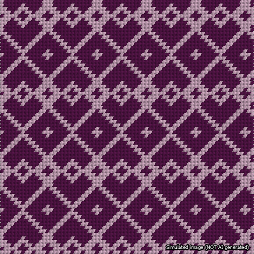 A simulated image of the stitched needlepoint design: Symmetrical Heart Grid Lilac on Purple. Not A.I. generated.