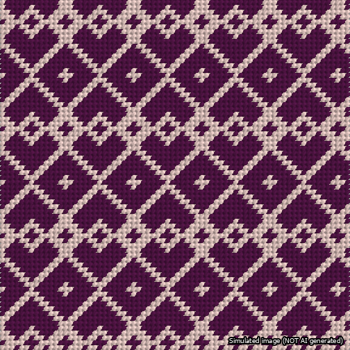A simulated image of the stitched needlepoint design: Symmetrical Heart Grid Pink on Purple. Not A.I. generated.