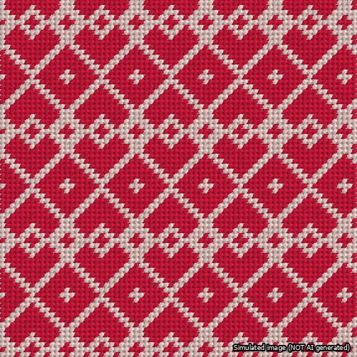 A simulated image of the stitched needlepoint design: Symmetrical Heart Grid Pink on Red. Not A.I. generated.
