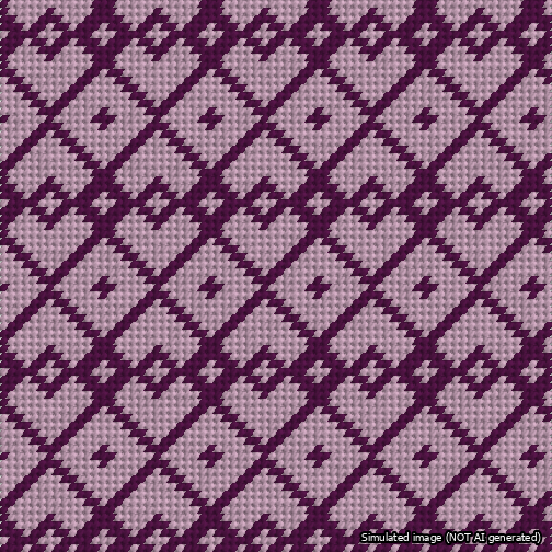 A simulated image of the stitched needlepoint design: Symmetrical Heart Grid Purple on Lilac. Not A.I. generated.