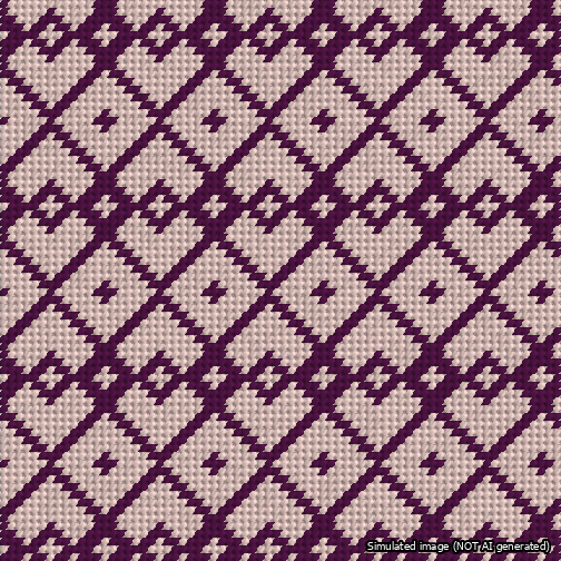 A simulated image of the stitched needlepoint design: Symmetrical Heart Grid Purple on Pink. Not A.I. generated.