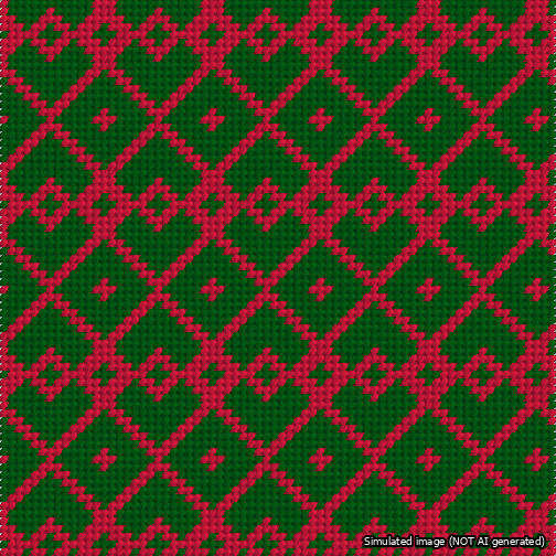 A simulated image of the stitched needlepoint design: Symmetrical Heart Grid Red on Green. Not A.I. generated.