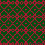 A simulated image of the stitched needlepoint design: Symmetrical Heart Grid Red on Green. Not A.I. generated.
