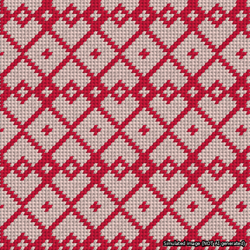 A simulated image of the stitched needlepoint design: Symmetrical Heart Grid Red on Pink. Not A.I. generated.