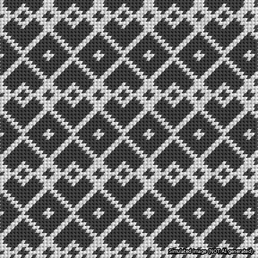 A simulated image of the stitched needlepoint design: Symmetrical Heart Grid White on Black. Not A.I. generated.
