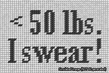 A simulated image of the stitched needlepoint design: Under 50 Bag Tag. Not A.I. generated.